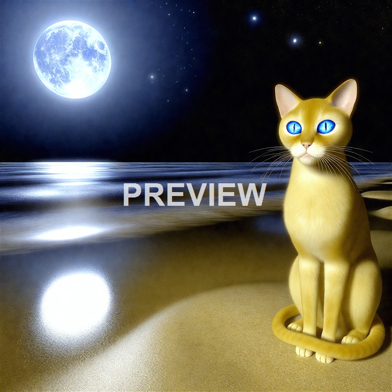 A surreal scene featuring a realistic-looking yellow cat with bright blue eyes sitting on a sandy beach under a large, glowing full moon with stars in the night sky, and a reflection of the moon on the water.